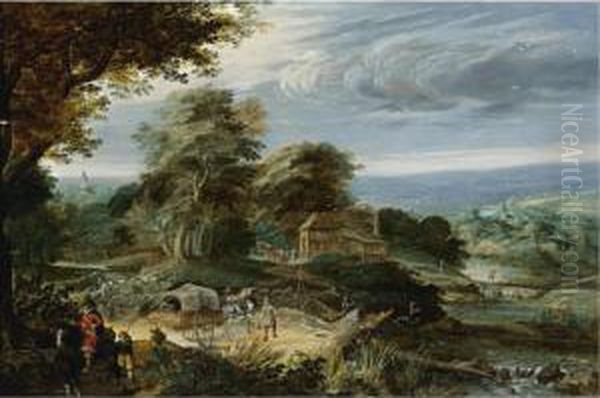 An Extensive Landscape With Travellers On A Path By A River, A Cottage Beyond Oil Painting by Pieter Stalpaert