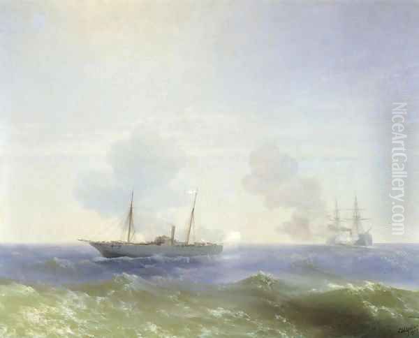 Battle of steamship Vesta and Turkish ironclad Oil Painting by Ivan Konstantinovich Aivazovsky