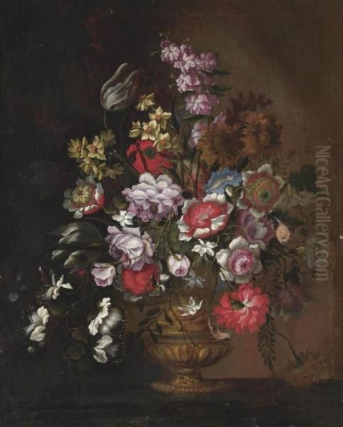 Poppies, Peonies, Tulips, Capers, Narcissi And Other Flowers In An Urn On A Ledge Oil Painting by Giovanni Stanchi