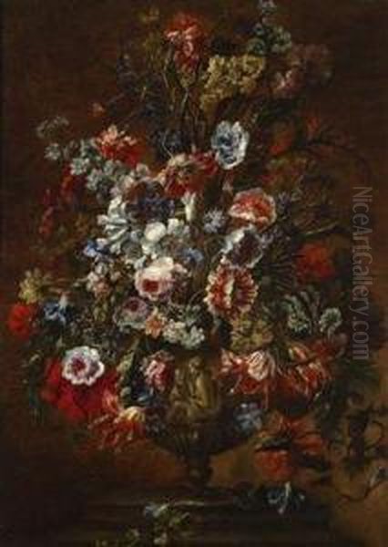 A Still Life Of Flowers In A Sculpted Stone Vase Oil Painting by Giovanni Stanchi