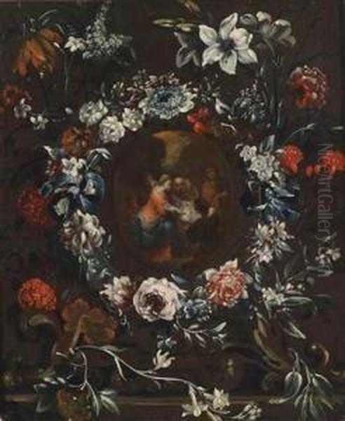 A Wreath Of Flowers Surrounding A Medallion With The Adoration Of The Shepherds Oil Painting by Giovanni Stanchi