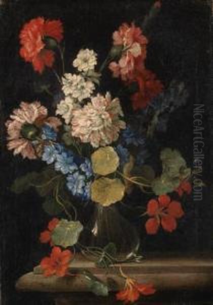 Carnations, Nasturtiums And Other Flowers In A Vase On A Stoneledge Oil Painting by Nicolo Stanchi