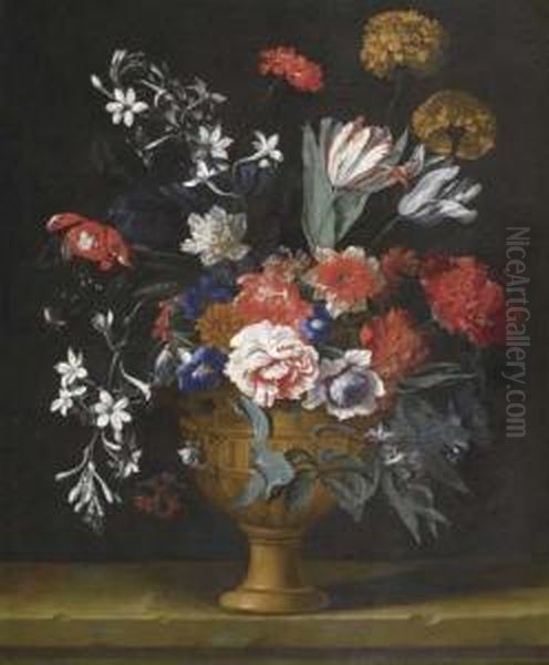 Flowers In A Vase On A Stone Table. Oil Painting by Niccolo Stanchi