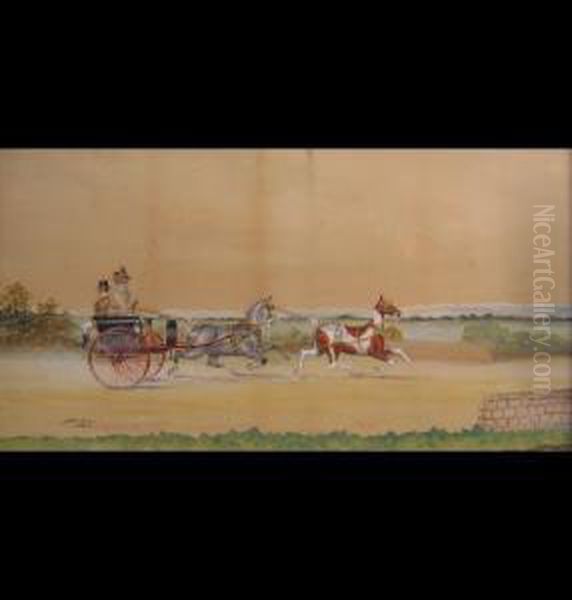 A Lady Driving A Trap With Twohorses On A Country Road Oil Painting by Henry William Standing