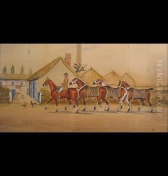 Grooms Man Leading Four Horsesback To The Stables Oil Painting by Henry William Standing