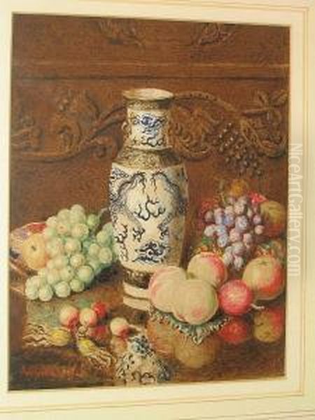 Still Life Of Fruit And Chinese Vase On A Table Top Oil Painting by Alexander Stanesby