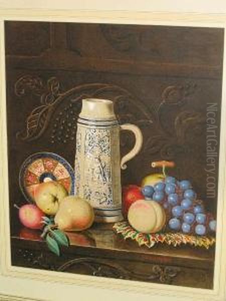 A Still Life Of Fruit And Beer Stein On A Table Top Oil Painting by Alexander Stanesby