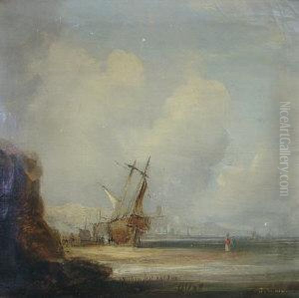 Beached Vessel On Ashore With Cliffs Beyond Oil Painting by George Clarkson Stanfield