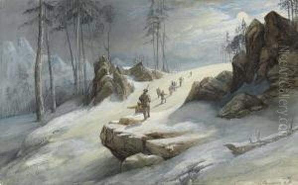 A Mountaineering Party In The Alps, Setting Out By Moonlight Oil Painting by William Clarkson Stanfield