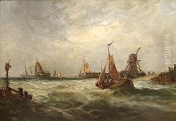 Fishing Boats Off A Jetty Oil Painting by William Clarkson Stanfield