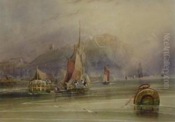 Fishing Boats And Barge Outside Scarborough Harbour Oil Painting by William Clarkson Stanfield