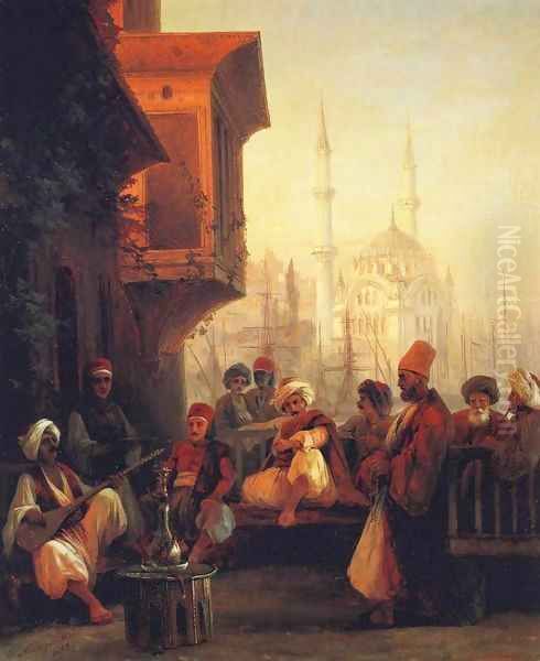 Coffee house by the Ortakoy Mosque in Constantinople Oil Painting by Ivan Konstantinovich Aivazovsky