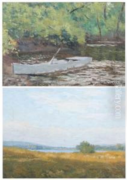 Landscape With Blue Sky And Rowboat In Stream: Two Works Oil Painting by Emile Stange