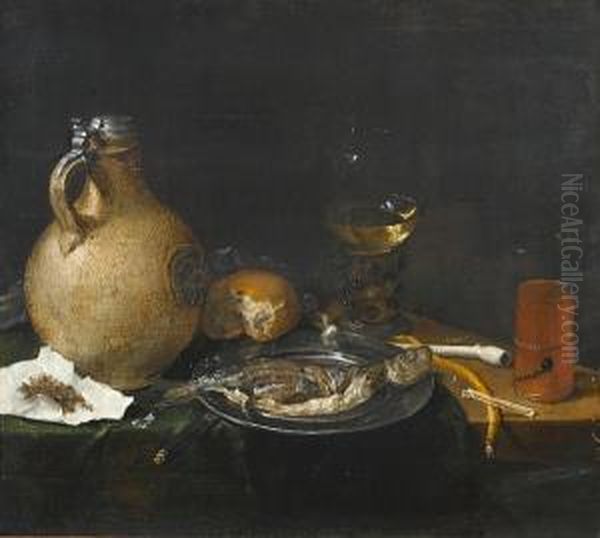 An Earthenware Tankard With A Chopped Herring On A Pewter Dish, A Pipe, A Roemer And A Bread Roll On A Draped Table Oil Painting by Cornelis Stangerus