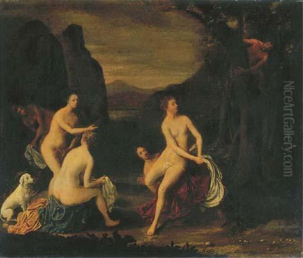 A Wooded Landscape With Diana And Her Nymphs Bathing, A Satyrspying From A Tree Oil Painting by Cornelis Stangerus