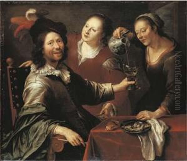 A Gentleman Seated At A Table With Two Serving Girls Oil Painting by Cornelis Stangerus