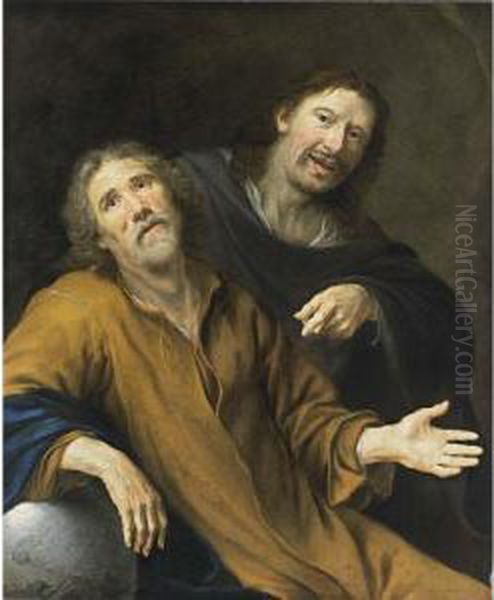 Democritus And Heraclitus Oil Painting by Cornelis Stangerus