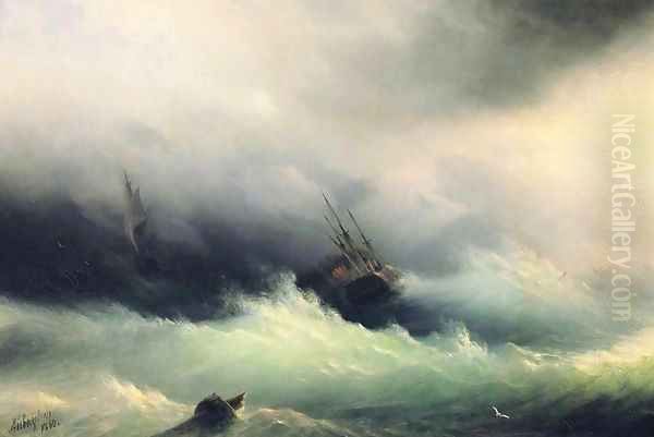 Ships in a Storm Oil Painting by Ivan Konstantinovich Aivazovsky