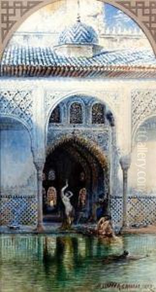 Bathers At A Courtyard Pool, The Alhambra Oil Painting by Henry Stanier