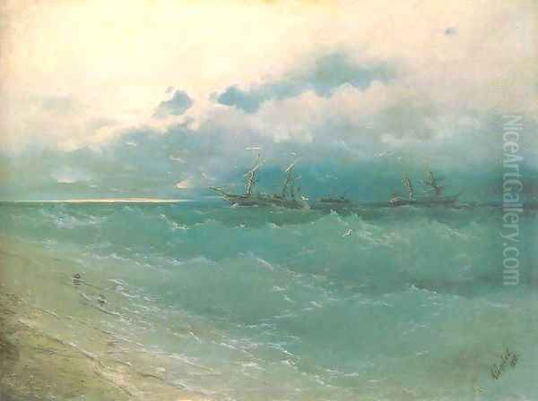 The ships on rough sea sunrise Oil Painting by Ivan Konstantinovich Aivazovsky