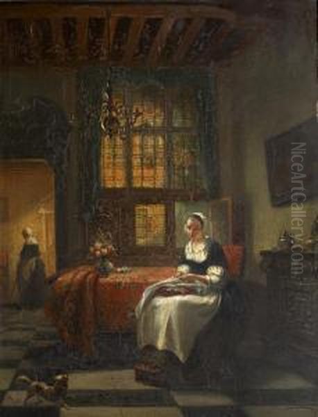 Lady Sewing Beside A Stained Glass Window Oil Painting by Alois Stanislas Lion