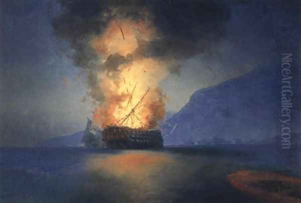 Exploding Ship Oil Painting by Ivan Konstantinovich Aivazovsky