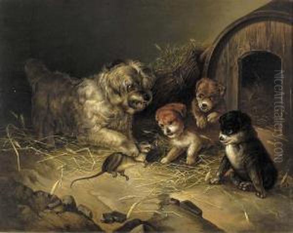 Genreszene Mit Hund Und Drei Welpen. Oil Painting by Aleksander Stankiewicz