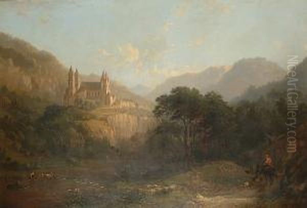 An Abbey Set Above A Lake, With A Drover In The Foreground Oil Painting by Caleb Robert Stanley