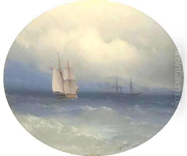 A Dutch brigatine and steamer at sea Oil Painting by Ivan Konstantinovich Aivazovsky