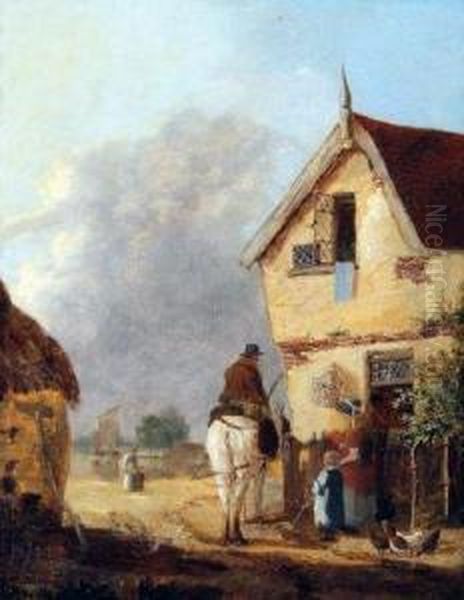 Figures, Horse And Chickens Before A Cottage Oil Painting by Alfred Stannard