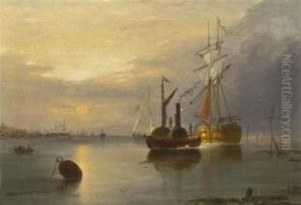 Ships In The Harbor Oil Painting by Alfred Stannard