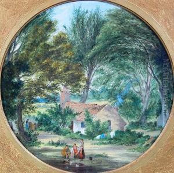 Rural Landscape With Figures At A Duck Pond And Tiled Cottage Beyond Oil Painting by Alfred Stannard