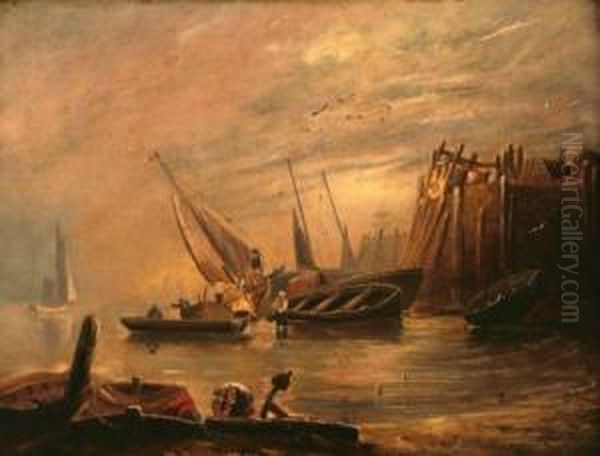 Harbour Scene With Figures And Boats Oil Painting by Alfred George Stannard