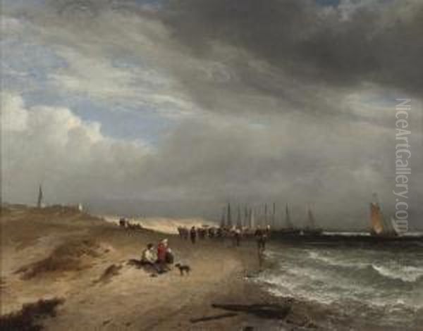 Figures On The Beach At Scheveningen Watching The Fishing Fleet Return Oil Painting by Alfred George Stannard