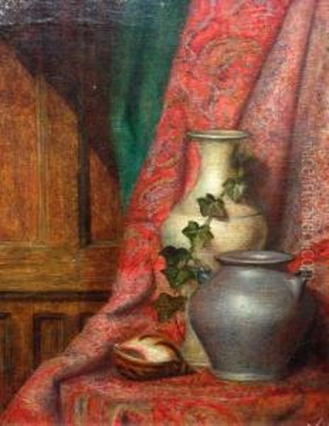 Still Life Study Of Stone Vases And Shell On A Paisley Shawl Oil Painting by Eloise Harriet Stannard