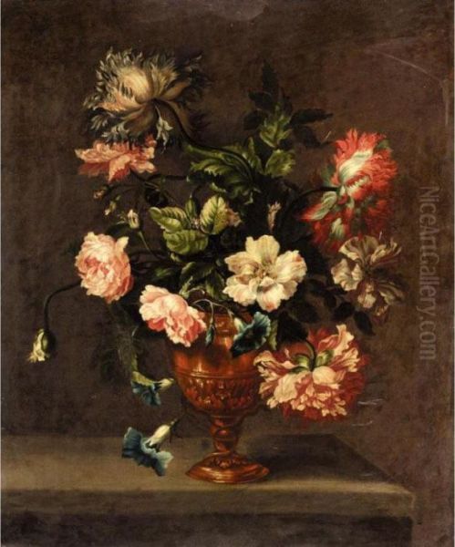 Still Life Of Roses, Paeonies, And Other Flowers In A Vase On A Ledge Oil Painting by Emily Stannard