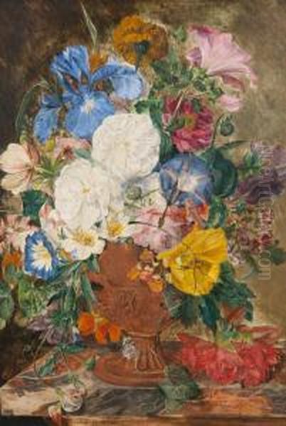 Still Life Of Flowers And Butterfly In A Terracotta Vase Oil Painting by Emily, Nee Coppin Stannard