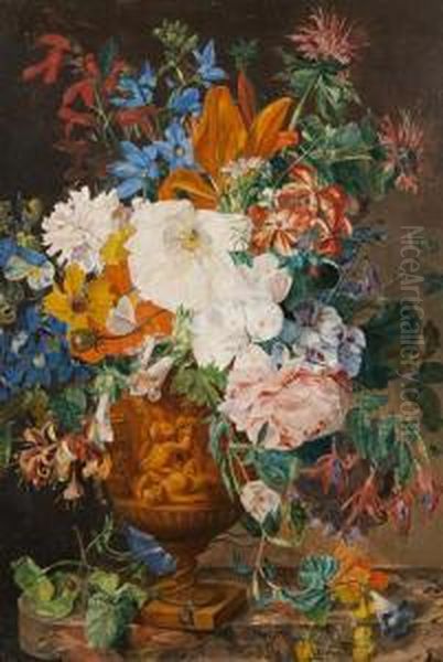 Still Life Of Insects And Flowers In A Terracotta Vase Oil Painting by Emily, Nee Coppin Stannard