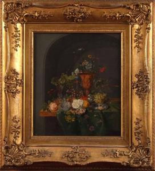 Still Life Of Fruit And Flowers On A Ledge by Emily, Nee Coppin Stannard