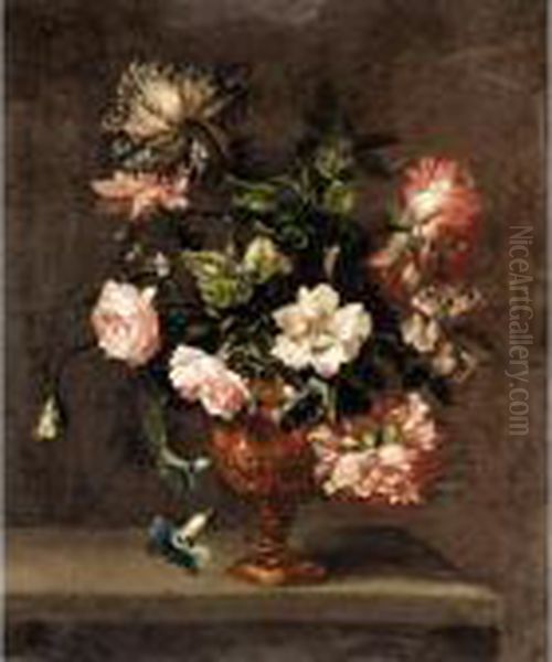 Still Life Of Roses, Paeonies, And Other Flowers In A Vase On A Ledge Oil Painting by Emily, Nee Coppin Stannard