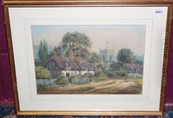 Figures In A Country Lane Beside Thatched Cottages With A Church Beyond Oil Painting by Henry Stannard