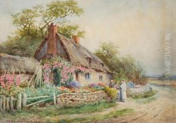 Figures Outside A Cottage Oil Painting by Henry Stannard