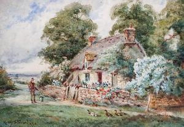 Feeding Ducks Outside A Cottage Oil Painting by Henry Stannard