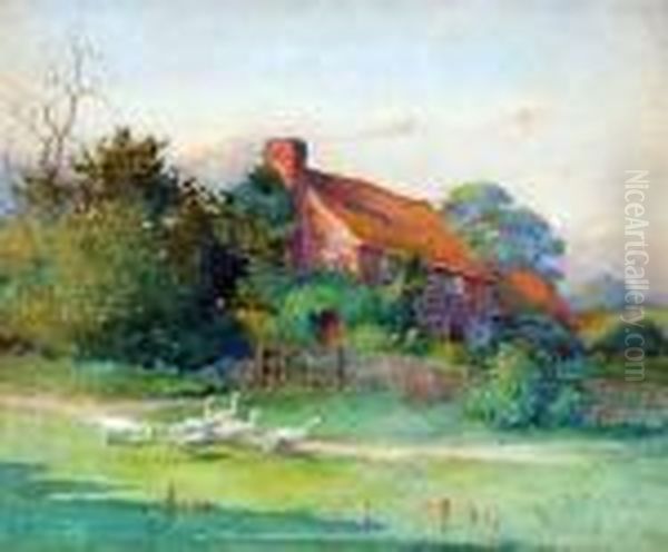 Geese Before A Country Cottage Oil Painting by Henry John Sylvester Stannard