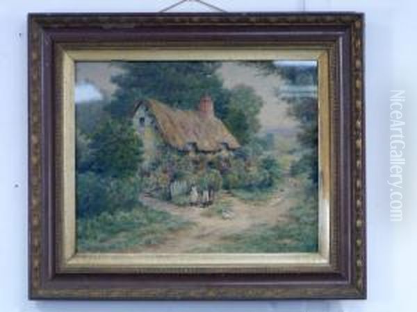 Figures By A Thatched Cottage In A Country Lane Oil Painting by Henry John Sylvester Stannard