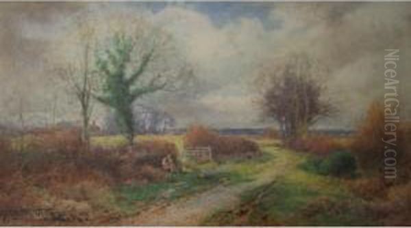 Man With A Dog On A Lane, Autumn Oil Painting by Henry John Sylvester Stannard