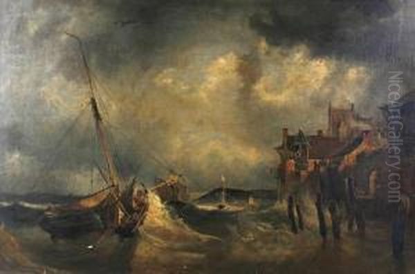 Fishing Boats In A Swell Off A Town Oil Painting by Joseph Stannard