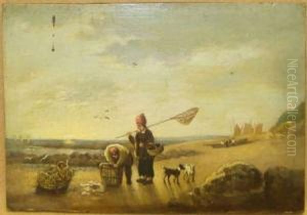 Fisherfolk With Dogs On A Beach Oil Painting by Joseph Stannard