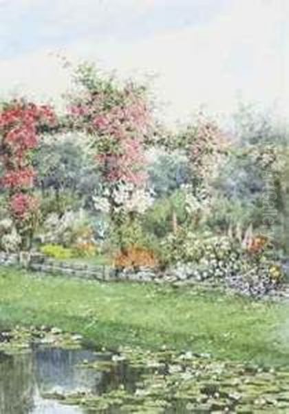 An Ornamental Garden With A Lily Pond Oil Painting by Lilian Stannard