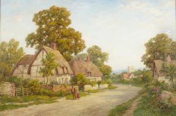 Thatched Cottages In A Village Street Oil Painting by Theresa Sylvester Stannard